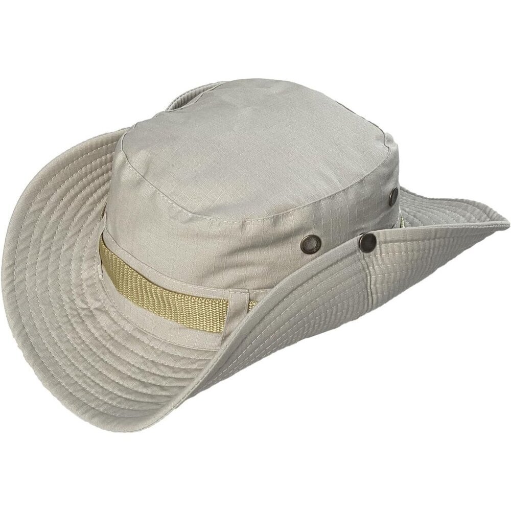 Unisex Beige 100% Polyester Wide Brim Boonie With Chin Strap Classic Bucket Hat